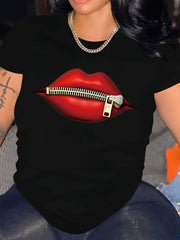 Women's Red Lip Print Crew Neck T-Shirt