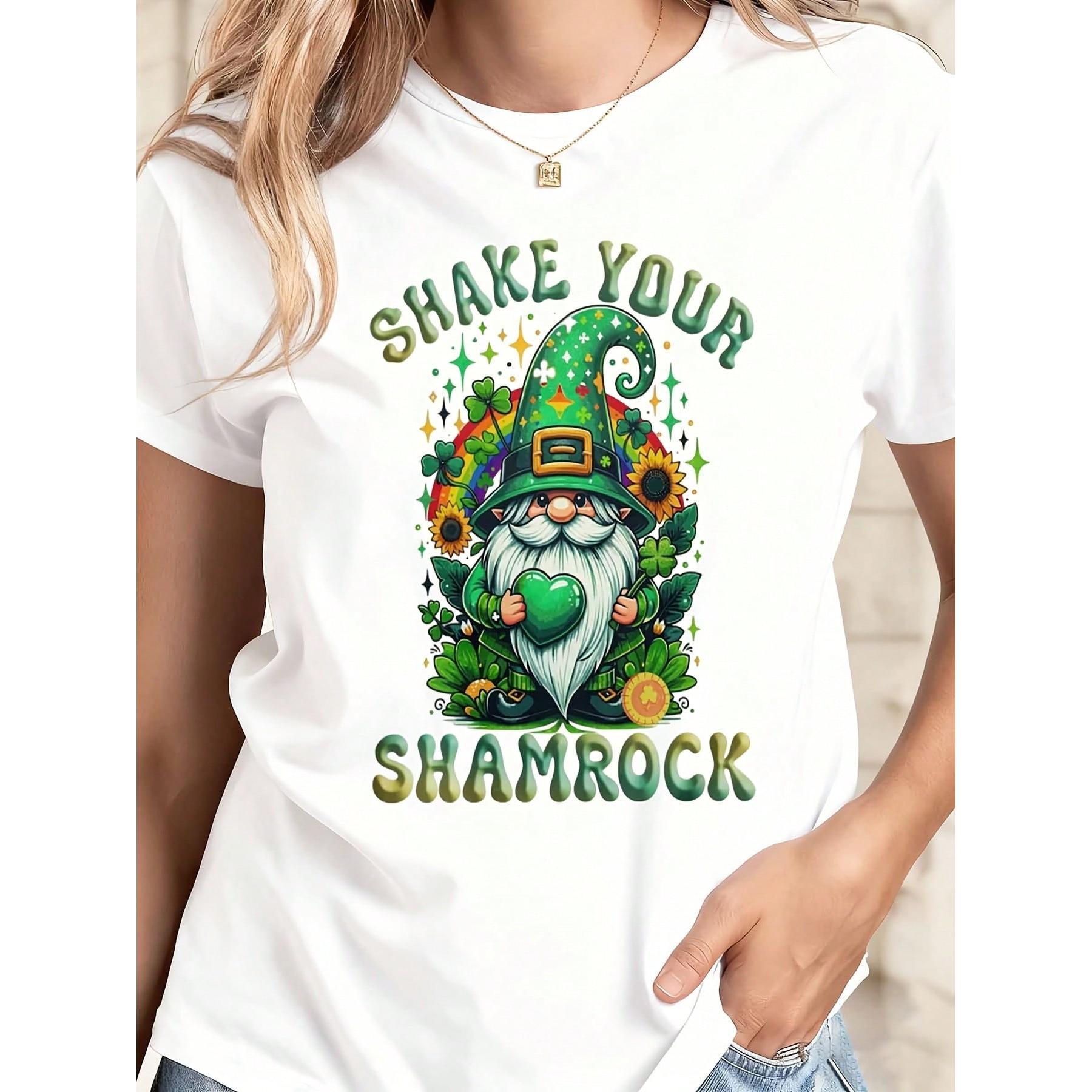 Cotton T Shirt White Shake Your Shamrock Leprechaun With Rainbow And Clover Print St Patrick's Day Party Wear