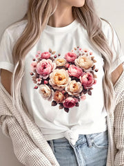 Women's Heart Shaped Floral Rose Bouquet Graphic T-Shirt Vintage Pink Flower Casual Summer Tee