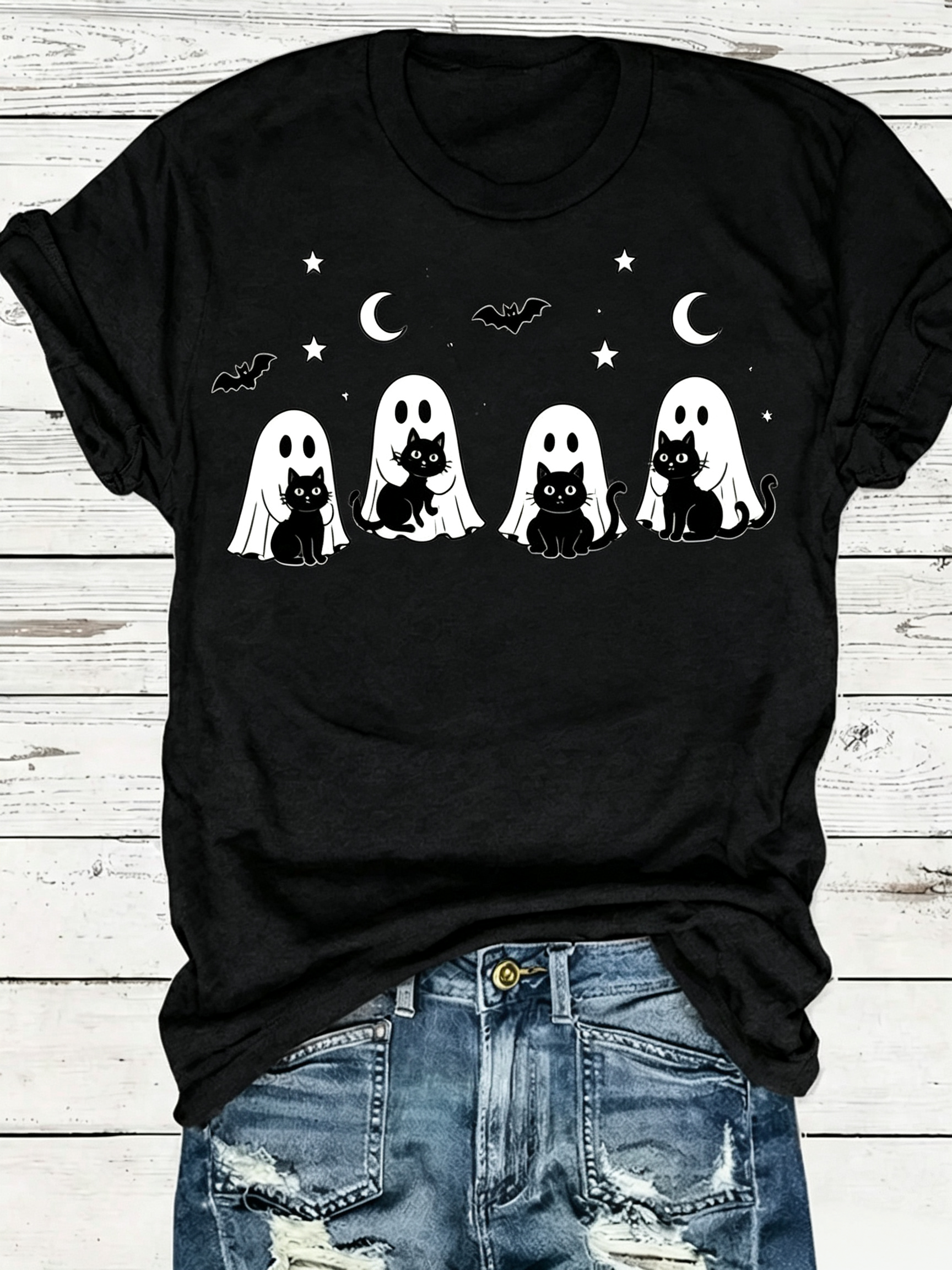 Halloween Ghost Black Cat Print Crew Neck Short Sleeve Tee