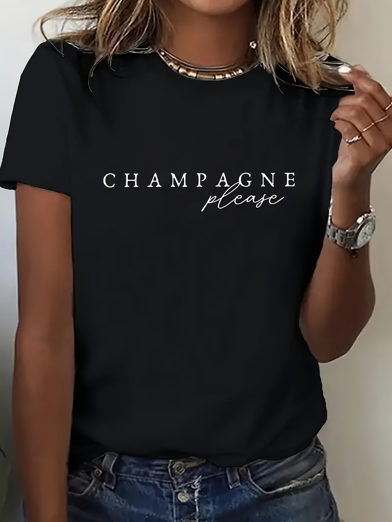 The Short - Sleeved T - Shirt, Printed with "CHAMPAGNE Please", Exudes French Elegance and Bourgeois Sentiment. Paired with Jeans and Small Shoes, It Can Create a French - Style Elegant Atmosphere.
