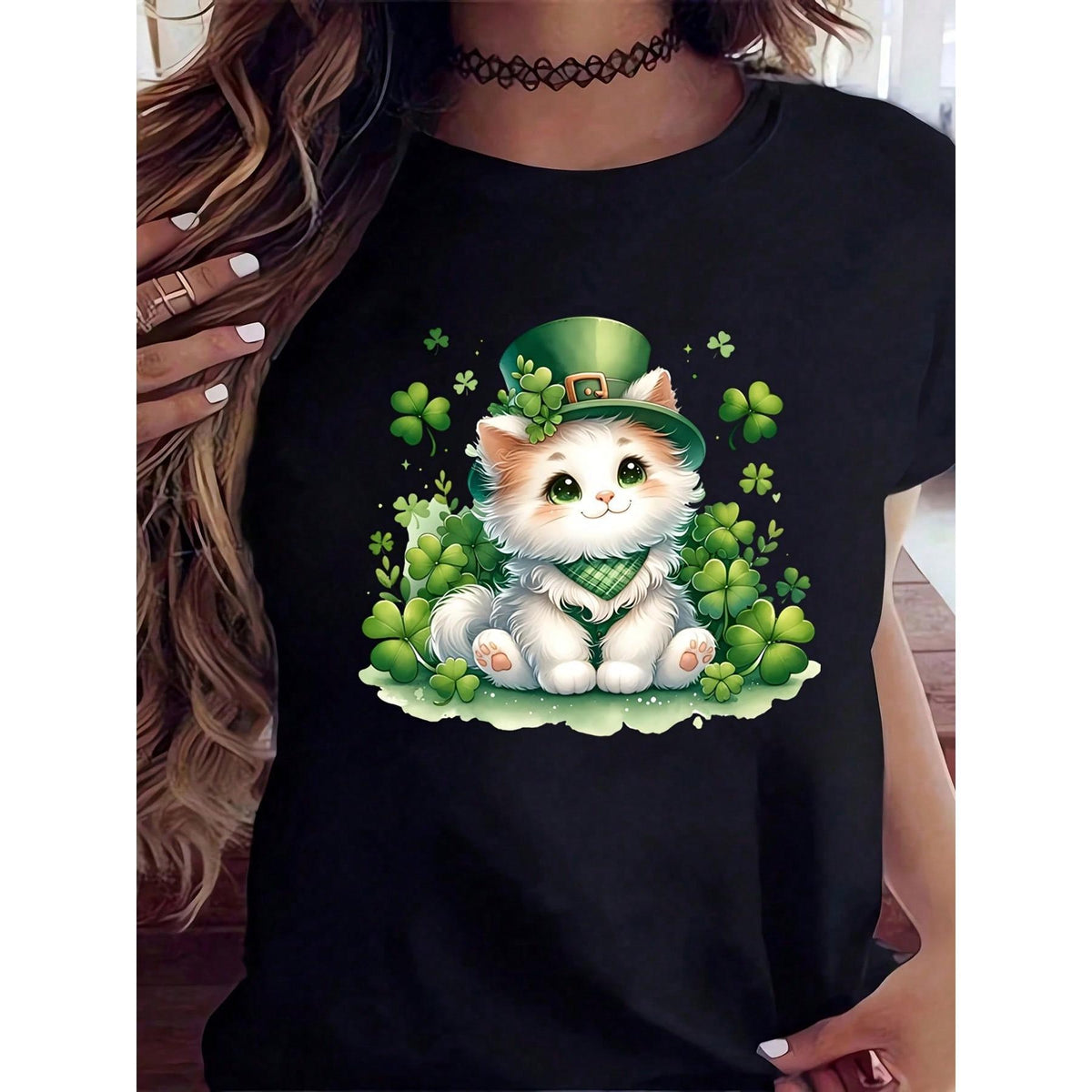St. Patrick's Day Cute Cat With Green Hat And Clover T-Shirt For Women - Irish Festival Lucky Kitten Graphic Tee For Saint Patrick's Day Celebration