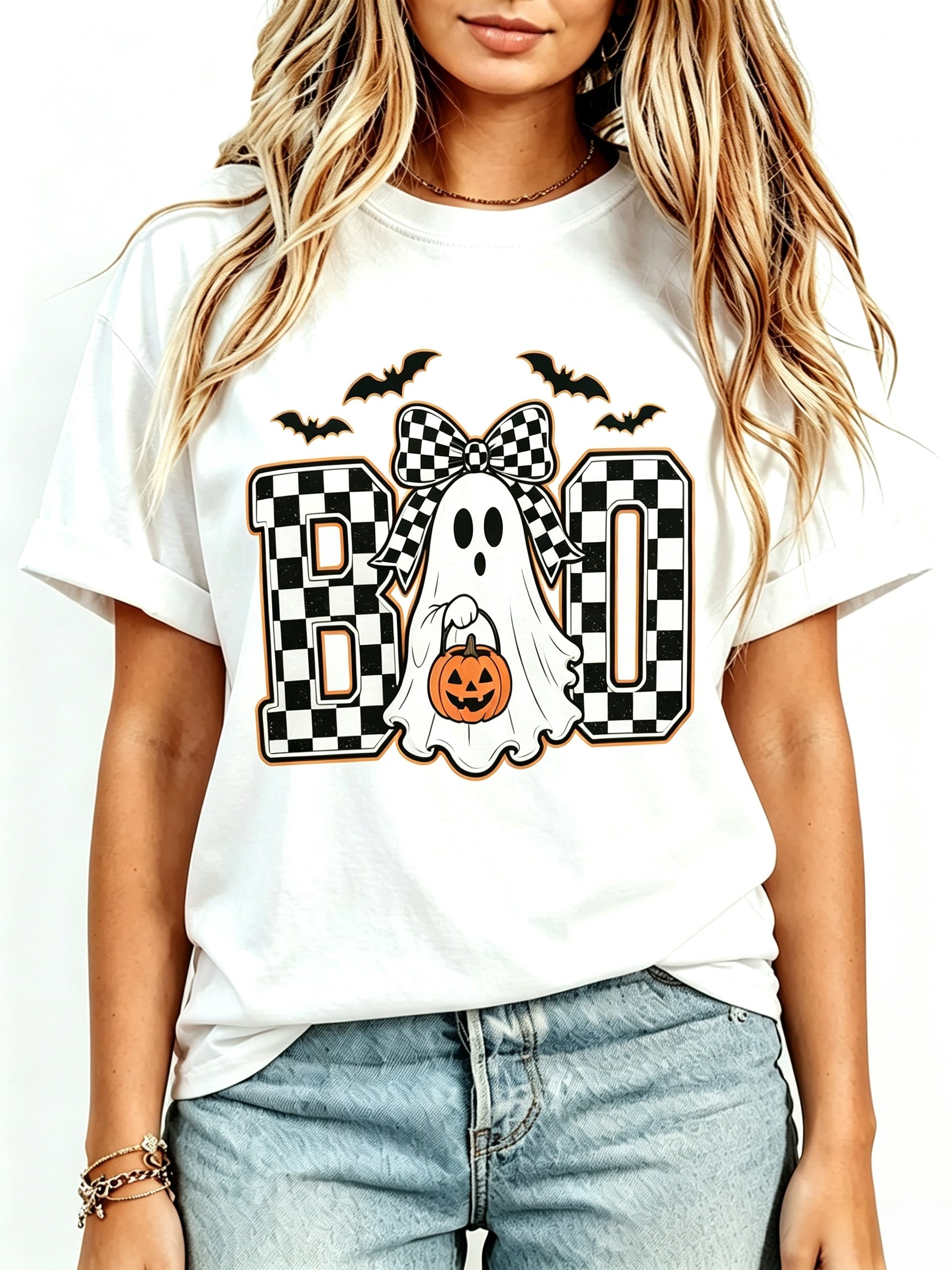 Bow Boo Ghost Print T-Shirt, Black White Plaid Ghost Pumpkin Bat Halloween White Short Sleeve Tee