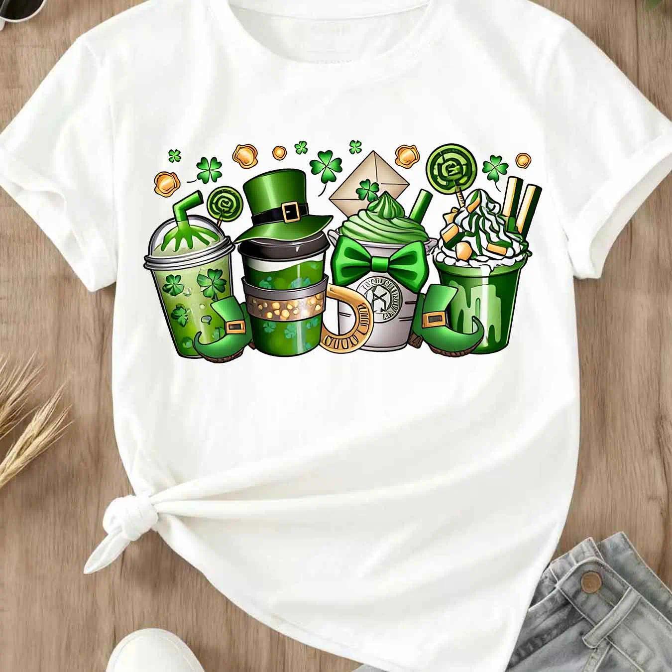 Women Casual T-Shirt White St Patrick Day Coffee Cup And Leprechaun Hat Design For Festival Celebration