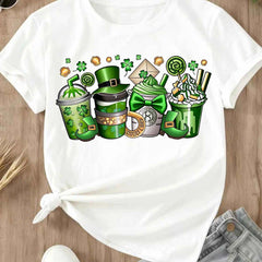 Women Casual T-Shirt White St Patrick Day Coffee Cup And Leprechaun Hat Design For Festival Celebration