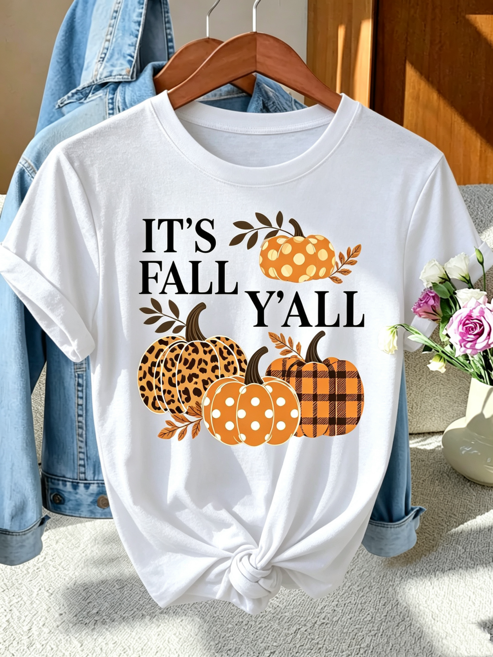 Women's It's Fall Y'all Graphic T-Shirt, Leopard Plaid Polka Dot Pumpkin Autumn Short Sleeve Crew Neck Tee for Thanksgiving Halloween