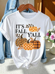 Women's It's Fall Y'all Graphic T-Shirt, Leopard Plaid Polka Dot Pumpkin Autumn Short Sleeve Crew Neck Tee for Thanksgiving Halloween