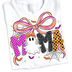 Mama Halloween Coquette Graphic T-Shirt, Halloween Bow Ghost Pumpkin Women's Casual Short Sleeve Top, Fall Mom Gift Tee