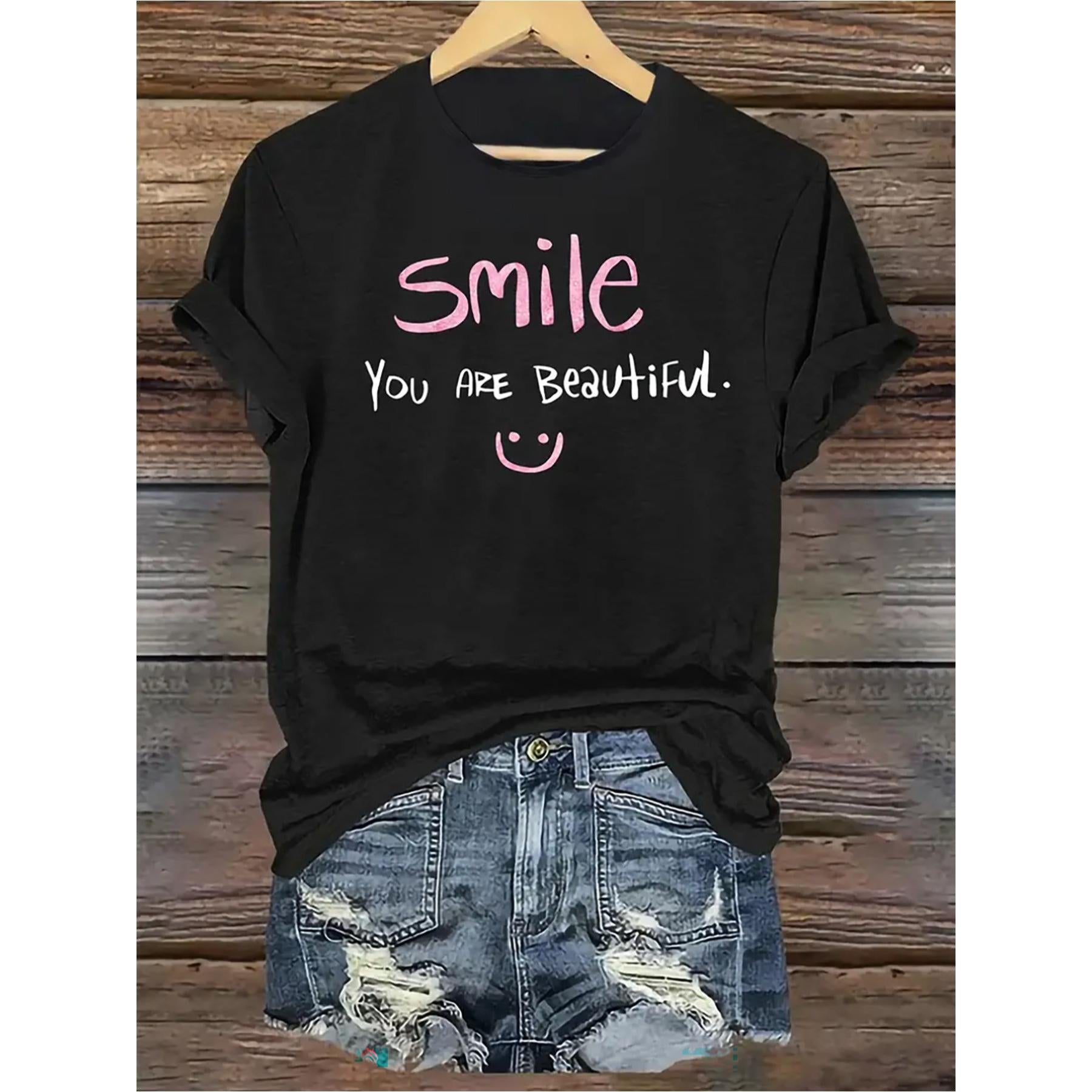 Black T-Shirt with Pink "Smile You Are Beautiful" Print - Stretchable Round Neck Short Sleeve Casual Blouse Top, Machine Washable Everyday Shirt Suitable for All-Season Wear & Layering, Comfortable Basic Wardrobe Essential