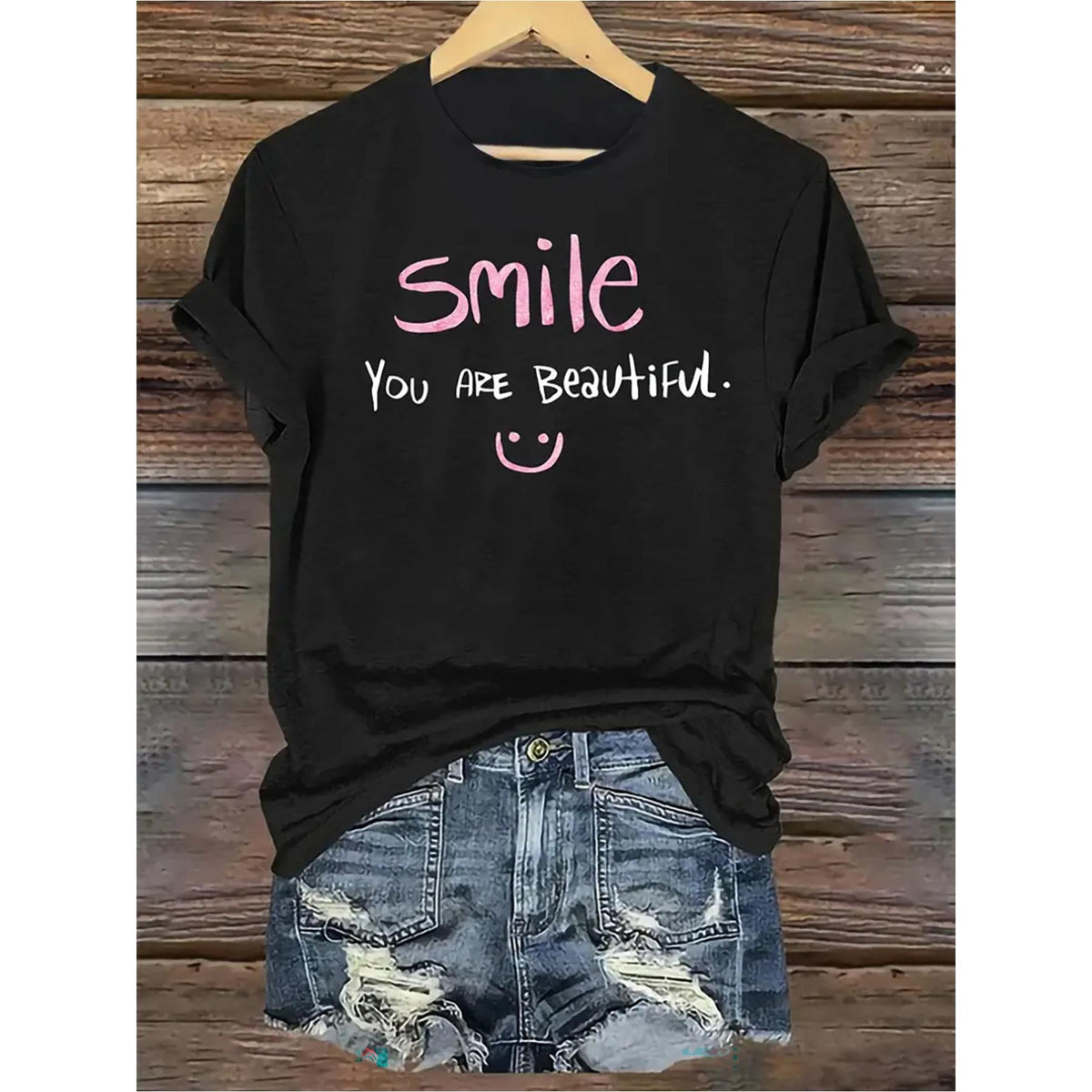 Black T-Shirt with Pink "Smile You Are Beautiful" Print - Stretchable Round Neck Short Sleeve Casual Blouse Top, Machine Washable Everyday Shirt Suitable for All-Season Wear & Layering, Comfortable Basic Wardrobe Essential