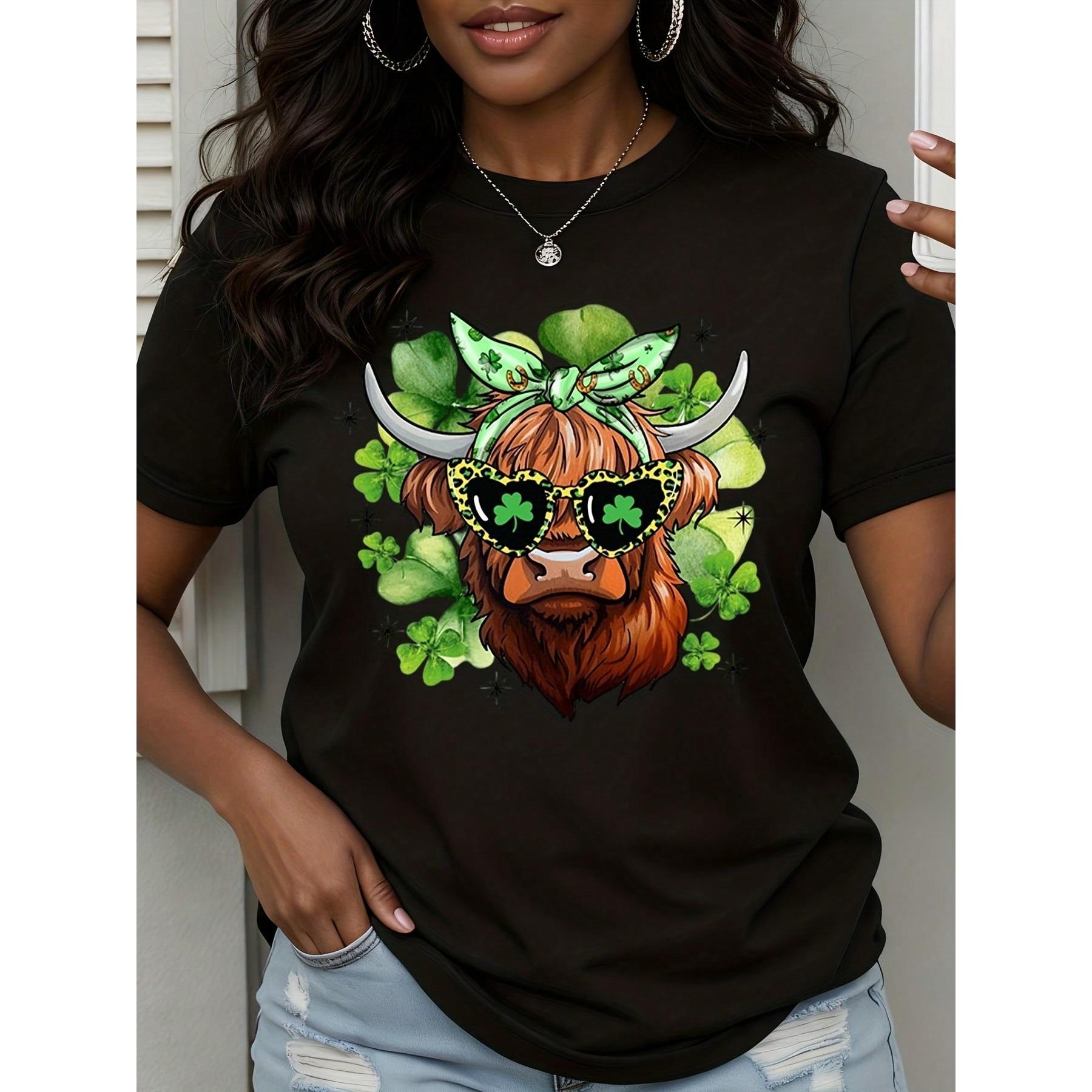 St Patrick's Day Highland Cow With Shamrock Sunglasses And Green Bandana T-Shirt
