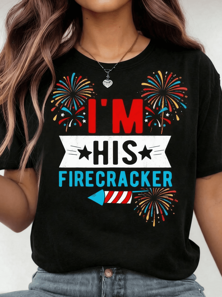 Couple Matching 4th of July T-Shirts, I'm His Firecracker Funny Patriotic Graphic Tees, 100% Cotton Casual Crew Neck Tops for Men Women