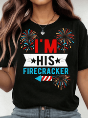 Couple Matching 4th of July T-Shirts, I'm His Firecracker Funny Patriotic Graphic Tees, 100% Cotton Casual Crew Neck Tops for Men Women