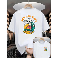 Women's Natural Soft Cotton Short-Sleeve T-Shirt, Round Neck, Skull & Surfer Double-Sided Print, Casual Beachwear for Sports, Gym Activities, Tops, Shortsleeve, Women's Clothes, Athletic, Skull Print, Crew Neck, Commute Look, Elegant, Comfortable, Style