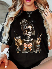 Skeleton Holding Coffee Print Women's Casual T-Shirt,  Regular Style,Funny Graphic Top for All Seasons Women Clothes
