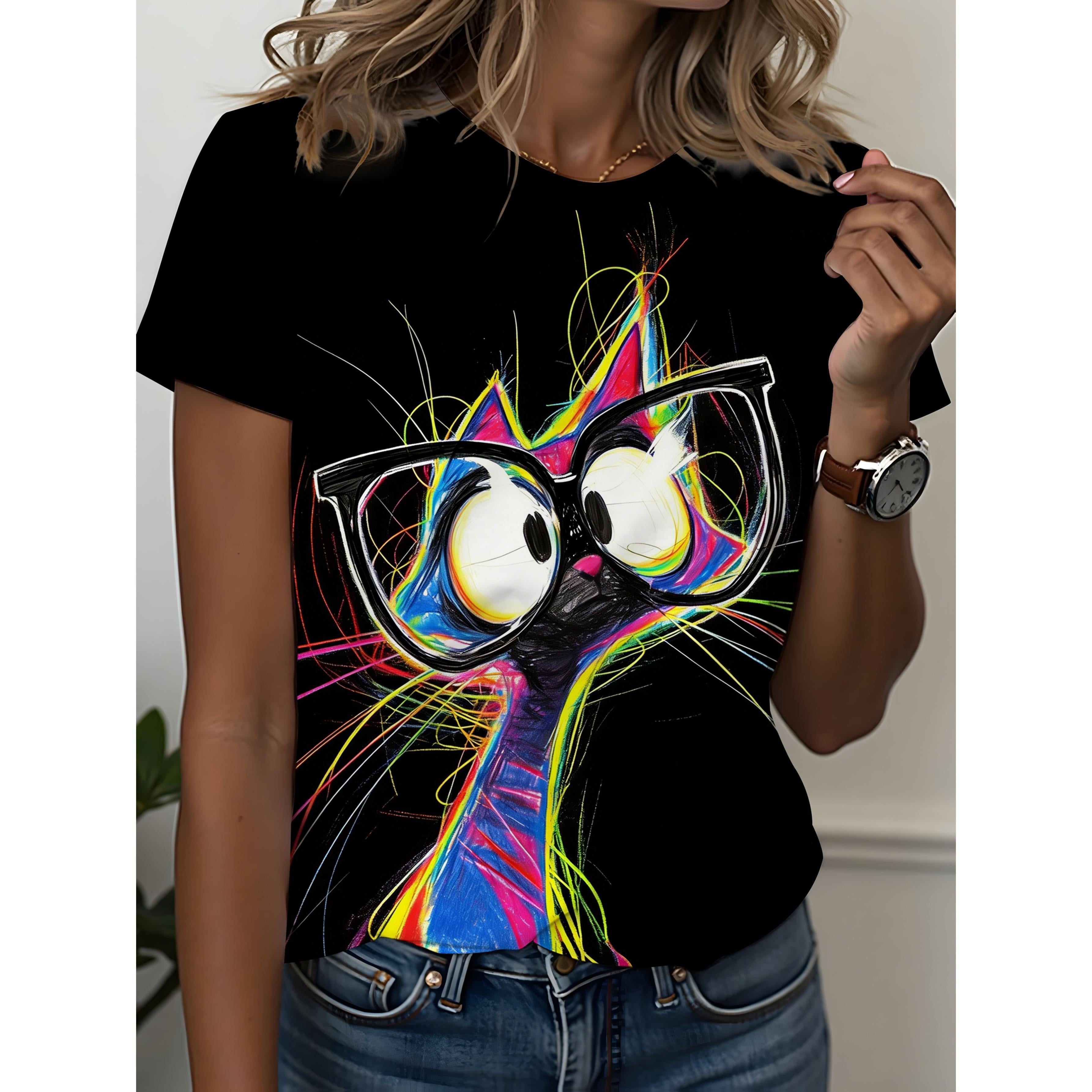 Sketch Cat with Glasses Print T-shirt | Black and White Casual Style Top, Breathable and Comfortable, 100%, Fashionable Women'S Clothing, Crew Neck, Slight Stretch Fabric, Suitable for All Seasons