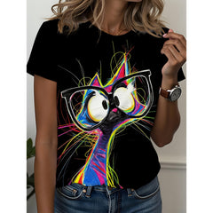 Sketch Cat with Glasses Print T-shirt | Black and White Casual Style Top, Breathable and Comfortable, 100%, Fashionable Women'S Clothing, Crew Neck, Slight Stretch Fabric, Suitable for All Seasons