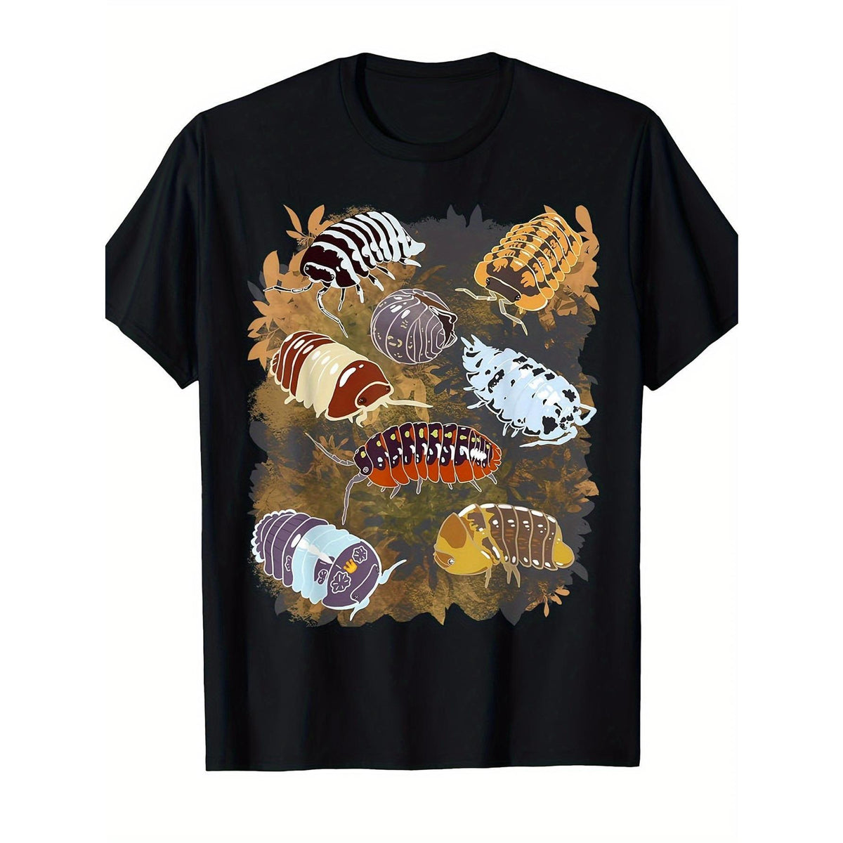 MenS & WomenS Isopod Collection Graphic T-Shirt | Black Streetwear Tee with Colorful Insect & Isopod Print, Round Neck, Short Sleeve, Casual