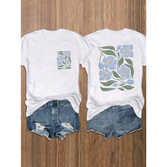 Vintage Blue Floral Print Women's Short Sleeve T-Shirt Graphic Tees Women Tops