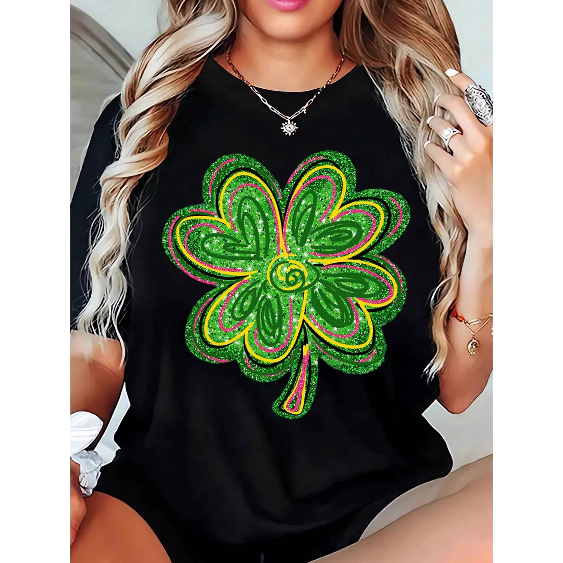 St. Patrick's Day Women's T-Shirt With Sequin Shamrock Design, Lucky Four Leaf Clover Print Top For Irish Festival, Casual Holiday Outfit For Saint Patrick's Day Celebration,220g