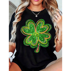 St. Patrick's Day Women's T-Shirt With Sequin Shamrock Design, Lucky Four Leaf Clover Print Top For Irish Festival, Casual Holiday Outfit For Saint Patrick's Day Celebration,220g