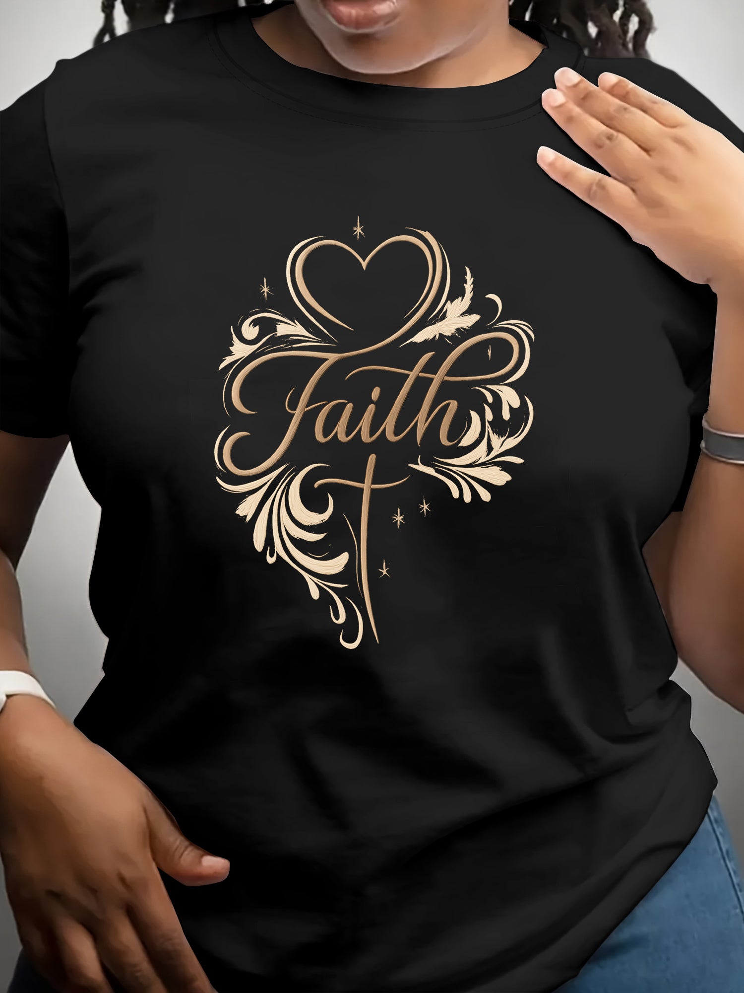 Faith T-Shirt Women Elegant Cross Heart Floral Christian Tee