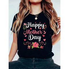 A Casual Style Happy Mother'S Day" Women'S Floral Print Black T-Shirt- Cute Short Sleeve Round Neck Casual Top With Pink Flowers And Heart Embellishments, 100%, Perfect For Spring And Summer, Women'S T-Shirt, Summer Fashion, Spring Outfit, Playful Design