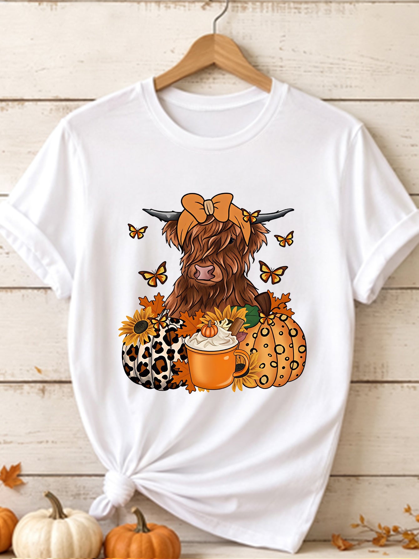 Fall Highland Cow Pumpkin Graphic T-Shirt, Women's Autumn Leopard Pumpkin Sunflower Butterfly Coffee Cup Short Sleeve Tee