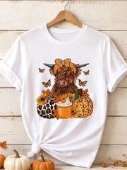 Fall Highland Cow Pumpkin Graphic T-Shirt, Women's Autumn Leopard Pumpkin Sunflower Butterfly Coffee Cup Short Sleeve Tee
