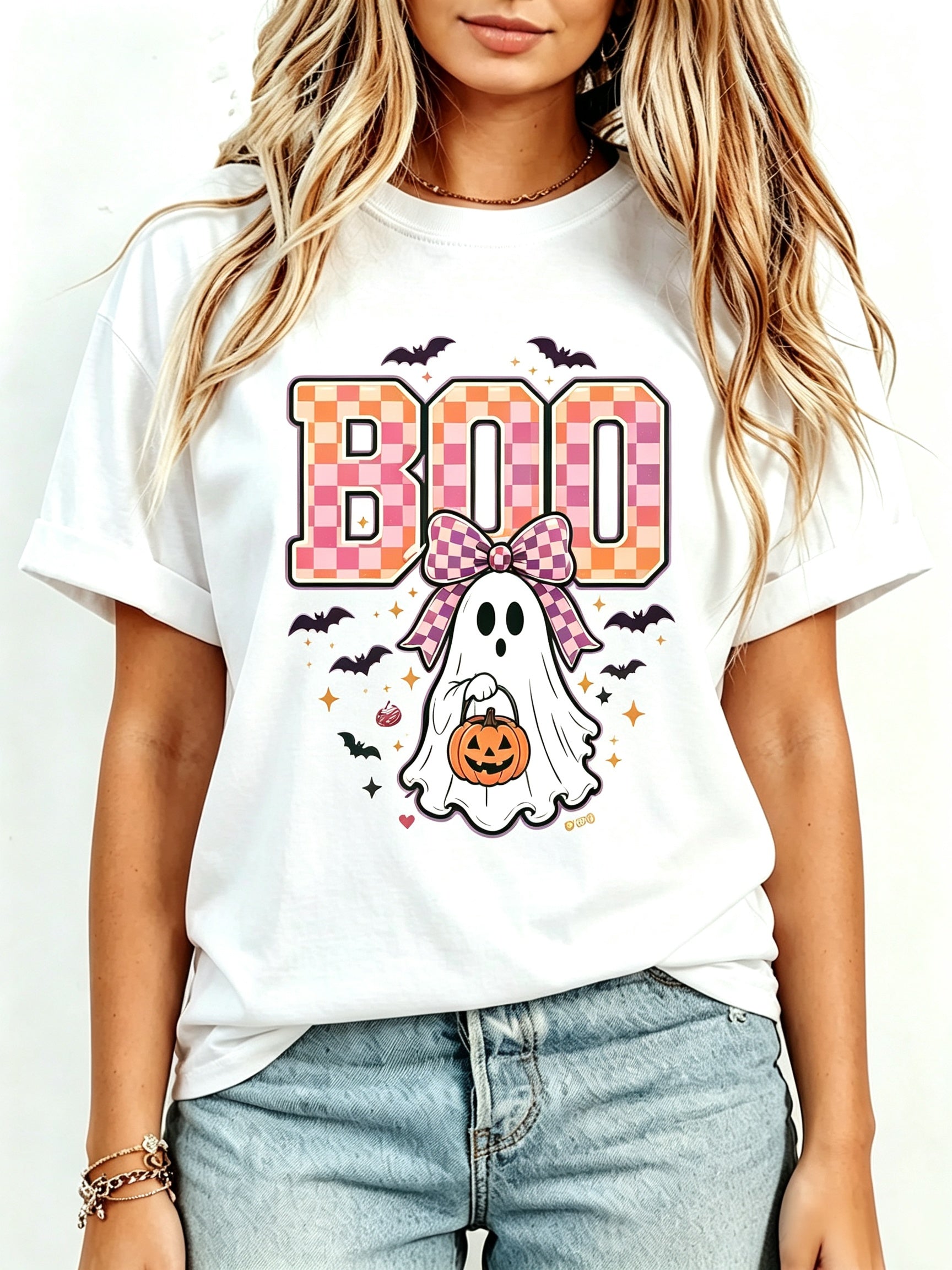 Bow Boo Ghost Print T-Shirt, Black White Plaid Ghost Pumpkin Bat Halloween White Short Sleeve Tee