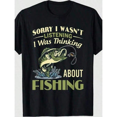 Men's Humorous Fishing Graphic-Shirt | Casual Crew Neck Tee, Washable, All-Season Comfort, Black With White Print, Regular Fit Short Sleeve, Fishing Shirt, Outdoor Leisurewear