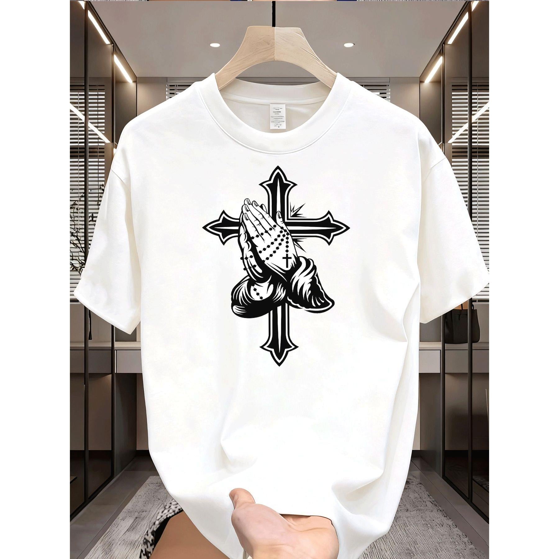 Men'S Casual T-Shirt Praying Hands Cross Graphic Street Style Men Fashion Casual Wear Adults Men