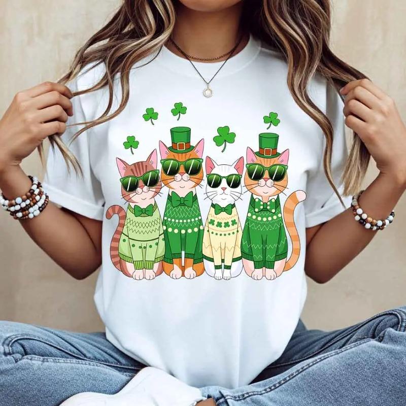 Cute Cats Wearing Green Sweaters And Hats With Clover Pattern T-Shirt White Crew Neck Casual St Patrick's Day Outfit
