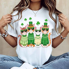Cute Cats Wearing Green Sweaters And Hats With Clover Pattern T-Shirt White Crew Neck Casual St Patrick's Day Outfit