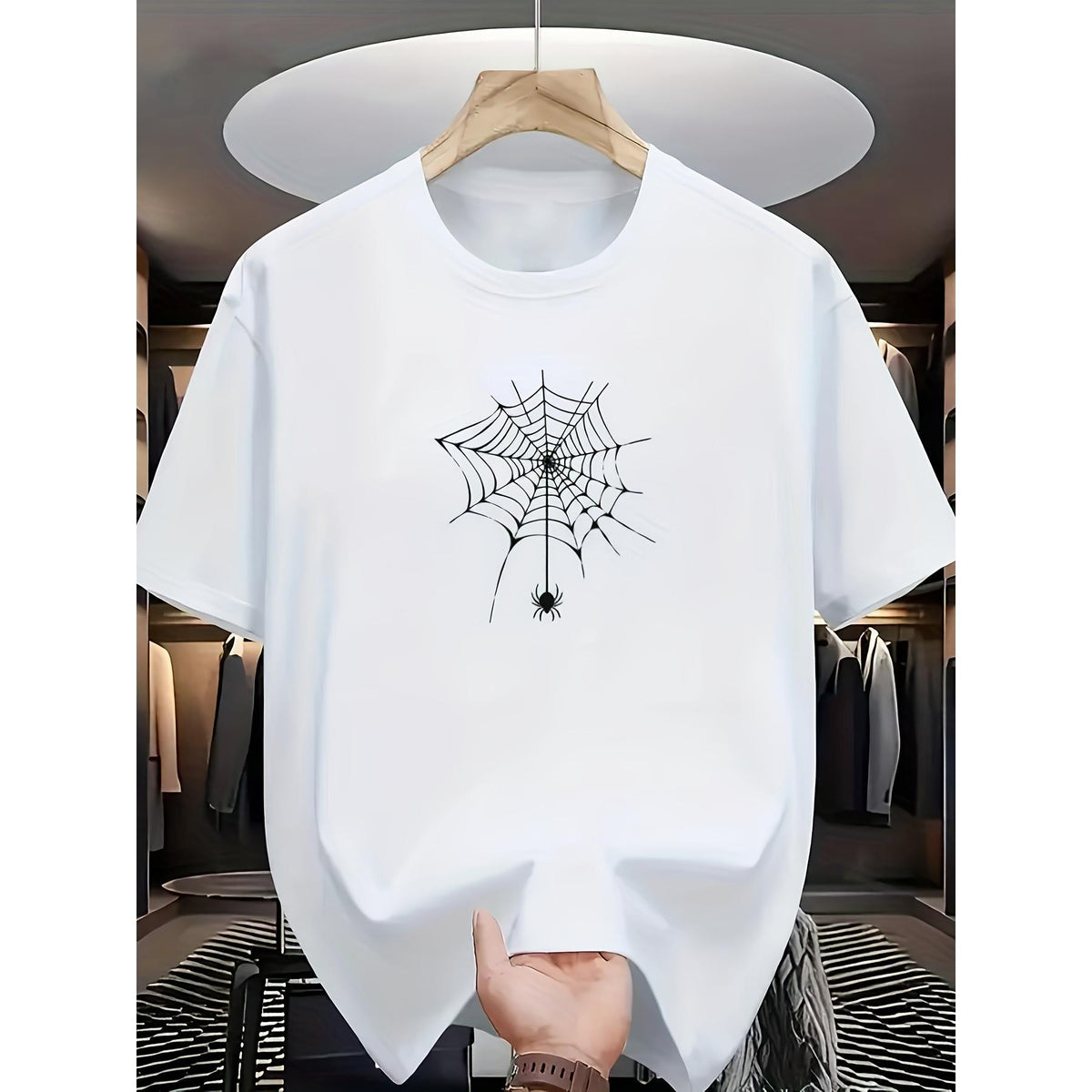 Gothic Spider Web & Spider Print T-Shirt - White Casual Short Sleeve Round Neck Tee with Black & Grey Web Design, Edgy Dark Theme Summer Top
