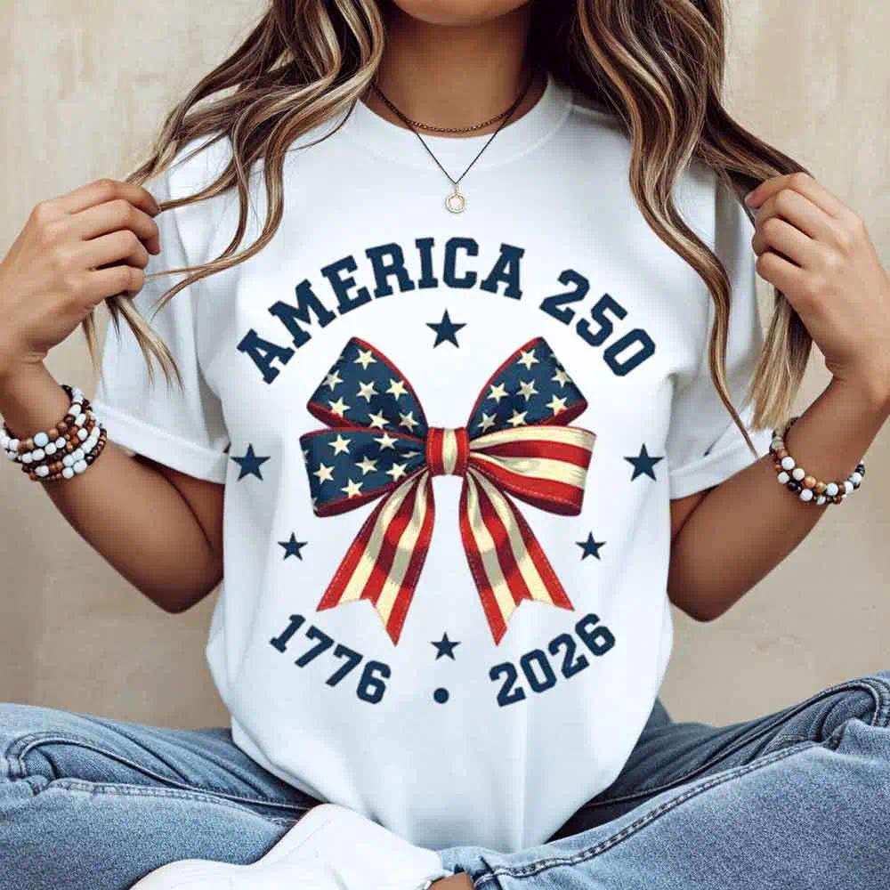America 250 Stars And Stripes Bow Print T Shirt White Crew Neck Casual Top For Independence Day Celebration
