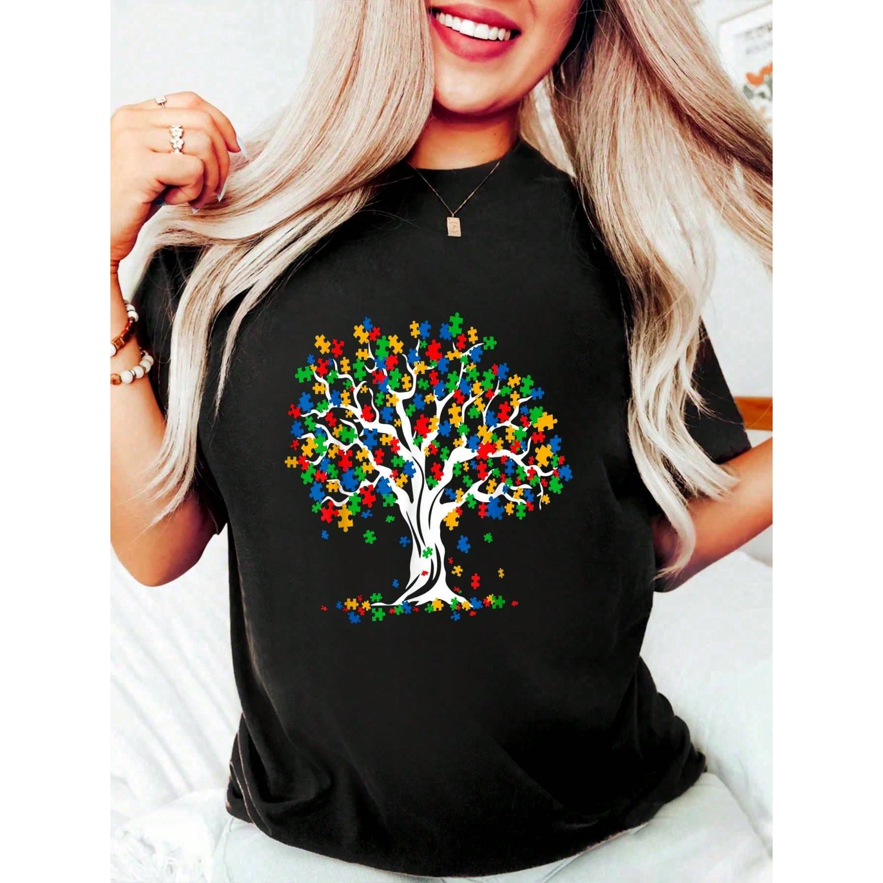 100% Cotton Tree Of Life Autism Awareness Month Funny ASD Supporter Gift T-Shirt Women's Men's Oversized Comfort Soft Crew Neck Tee Tops