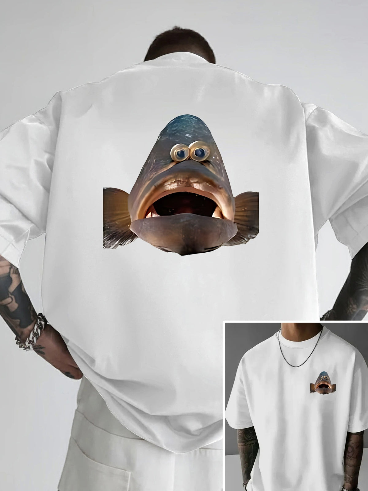 Funny Fish Print T-Shirt - Double-Sided Front & Back Fish Head, Short Sleeve Round Neck Casual Summer Tee