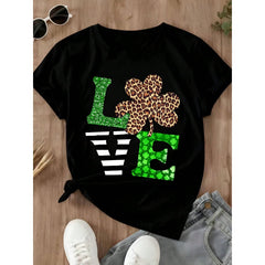 Love St Patrick Day Shirt With Leopard Clover Design Black T-Shirt For Women Casual Festive Wear Irish Celebration Outfit Green Glitter Print Cute Fashion Top Lucky Charm Pattern Streetwear Style Comfortable Soft Cotton Material Perfect