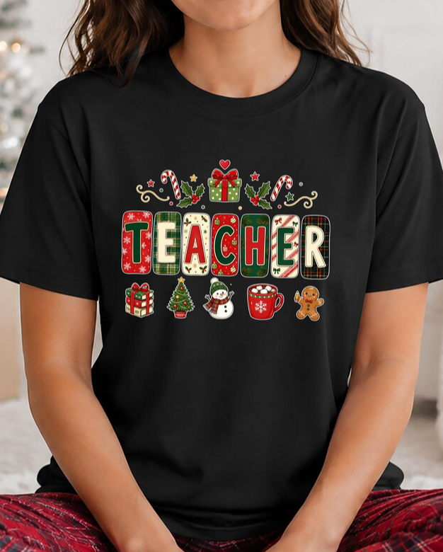 Women’s Cute Christmas Teacher Graphic T‑Shirt, Festive Classroom Holiday Crew Neck Short‑Sleeve Casual Tee with School Character Print