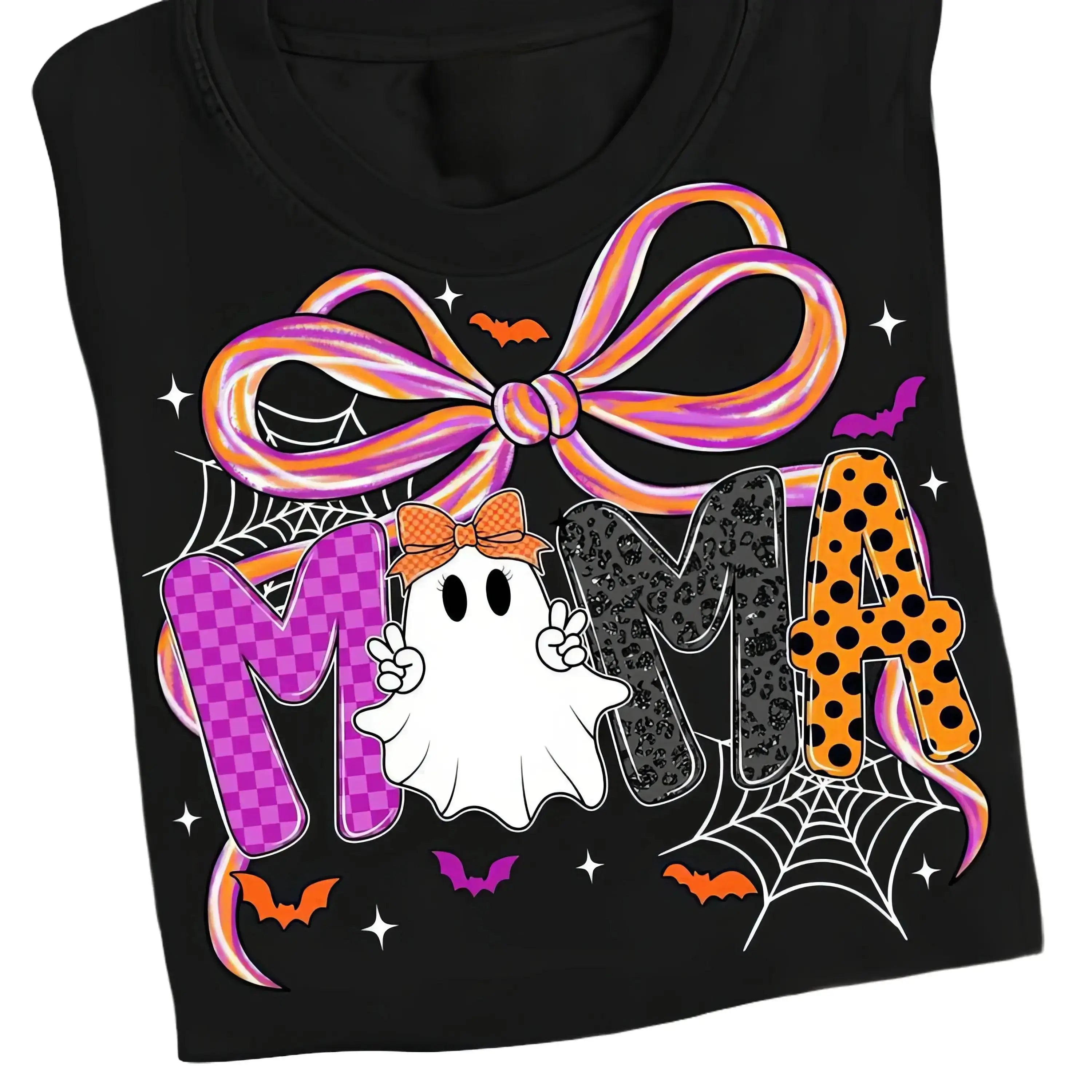 Mama Halloween Coquette Graphic T-Shirt, Halloween Bow Ghost Pumpkin Women's Casual Short Sleeve Top, Fall Mom Gift Tee