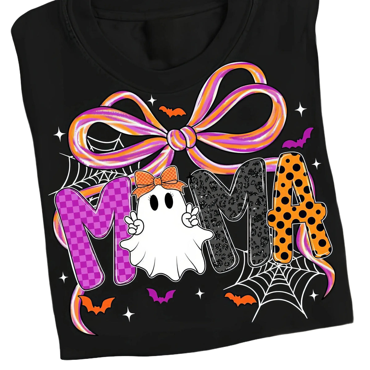 Mama Halloween Coquette Graphic T-Shirt, Halloween Bow Ghost Pumpkin Women's Casual Short Sleeve Top, Fall Mom Gift Tee