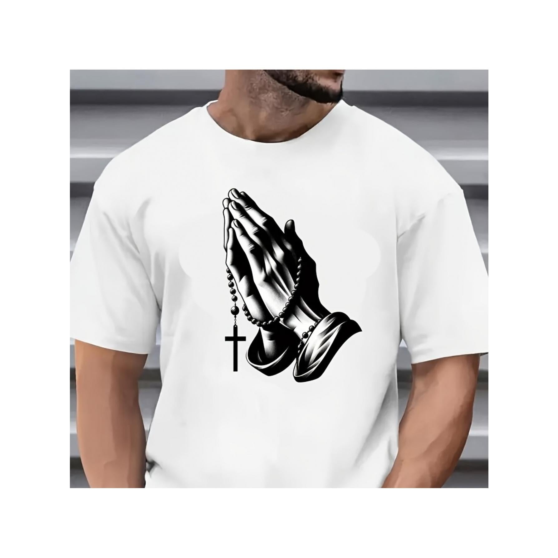 Black Praying Hands with Rosary Design, Washable Heat Transfer Decal for Fashion T-Shirts