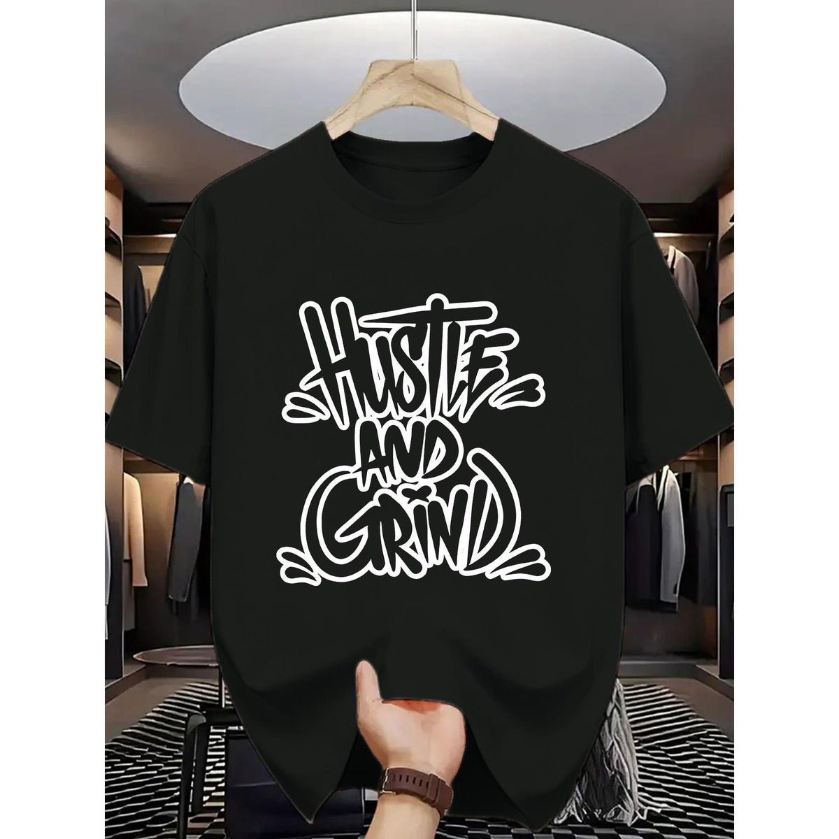 Men'S Casual Crew Neck T-Shirt with "Hustle and Grind" Graphic Print, Casual Attire | Patterned Shir