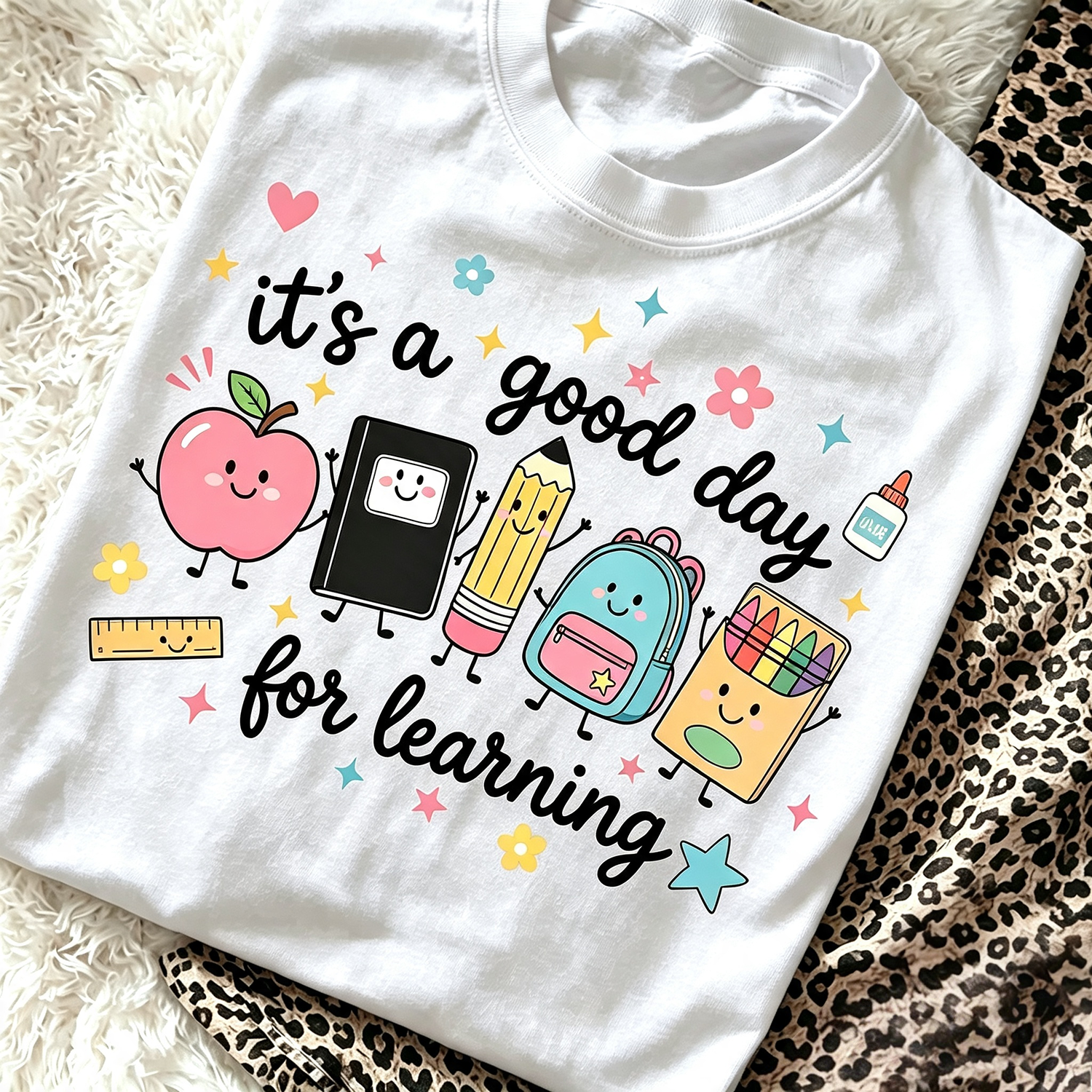 It's A Good Day For Learning Teacher Graphic T‑Shirt Women Cute School Supplies Cartoon Casual Short Sleeve Tee