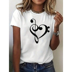 Women's Oversized Heart Music Note Print Tee, Soft Breathable Round Neck, All-Season Casual Top, Machine Washable, Perfect Holiday Gift & Daily Wear