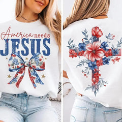 Women's Two‑Sided Christian Patriotic Crew Neck T‑Shirt, America Needs Jesus Quote, Floral Cross & Coquette Bow Graphic Print T shirt Women Faith T Shirt