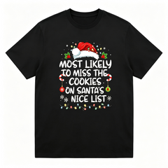 Men's Funny Christmas Graphic Crew Neck T‑Shirt, Most Likely To Miss The Cookies On Santa’s Nice List Festive Print, Santa Hat Candy Cane Holiday Lights Ornament Casual Short‑Sleeve Novelty Party Tee