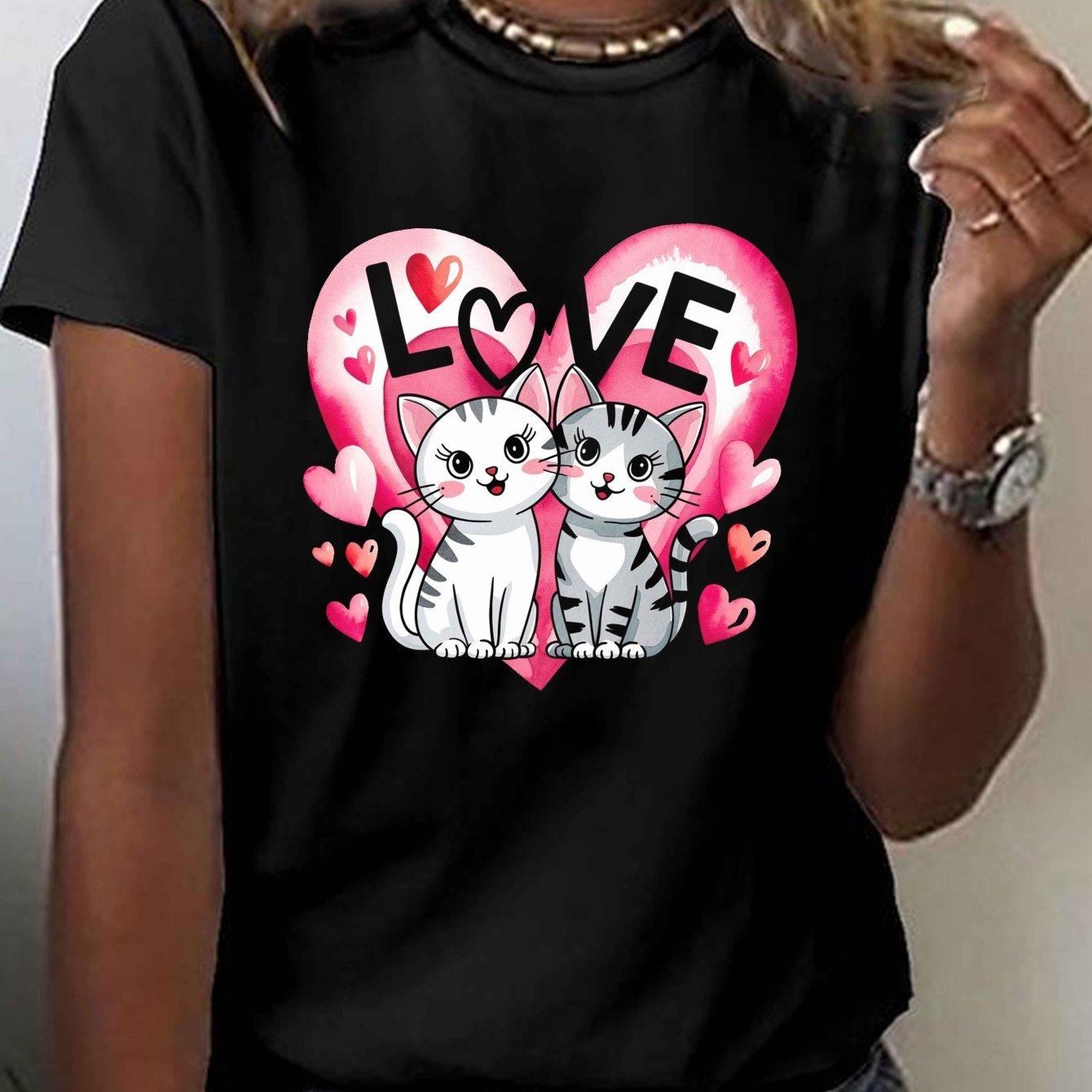Valentine'S Day Cat Couple Print T-shirt | Women'S Short Sleeve Round Neck Casual Top, with Love Heart Design, Black and Pink/Red Embellishment, Medium Elastic, Machine Washable, Comfortable All Season, Romantic and Fun Cat Pattern