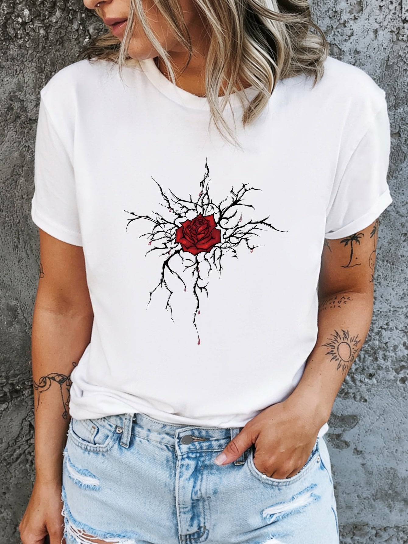 Dark Romantic Graphic Tee, Red Rose Entangled Thorns